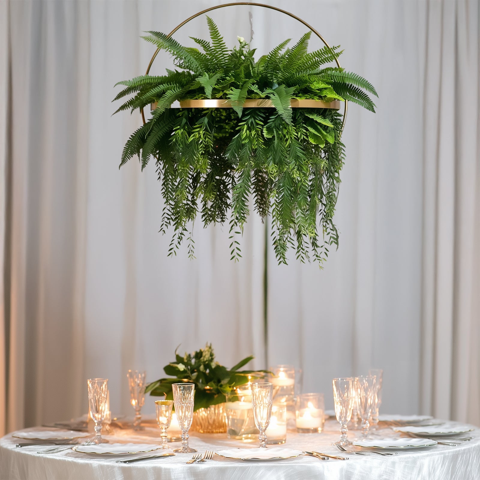 Large Faux Greenery Hoop Chandelier – 24" Gold Ring with 42" Draping Fern for Boho or Garden-Themed Events