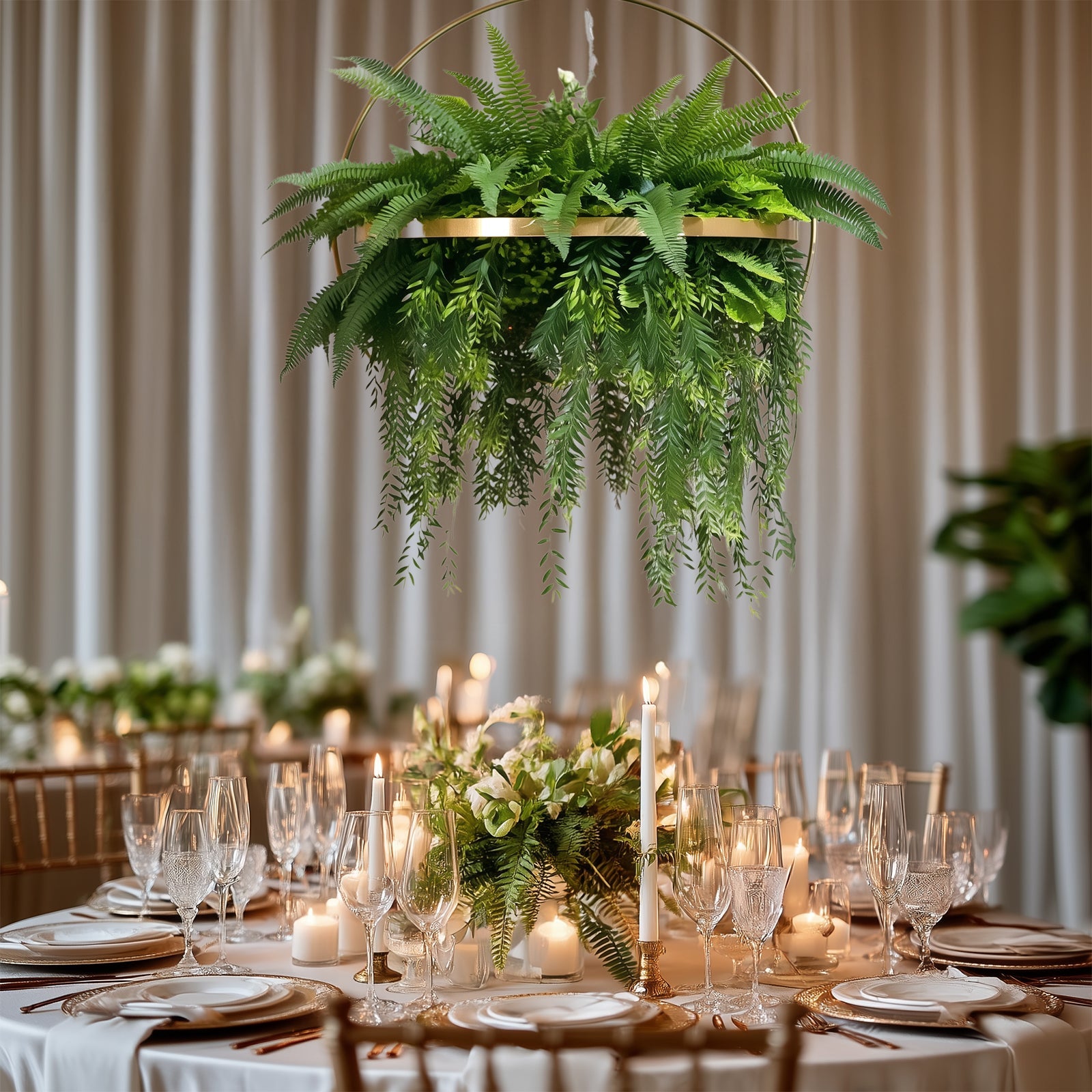 Large Faux Greenery Hoop Chandelier – 24" Gold Ring with 42" Draping Fern for Boho or Garden-Themed Events