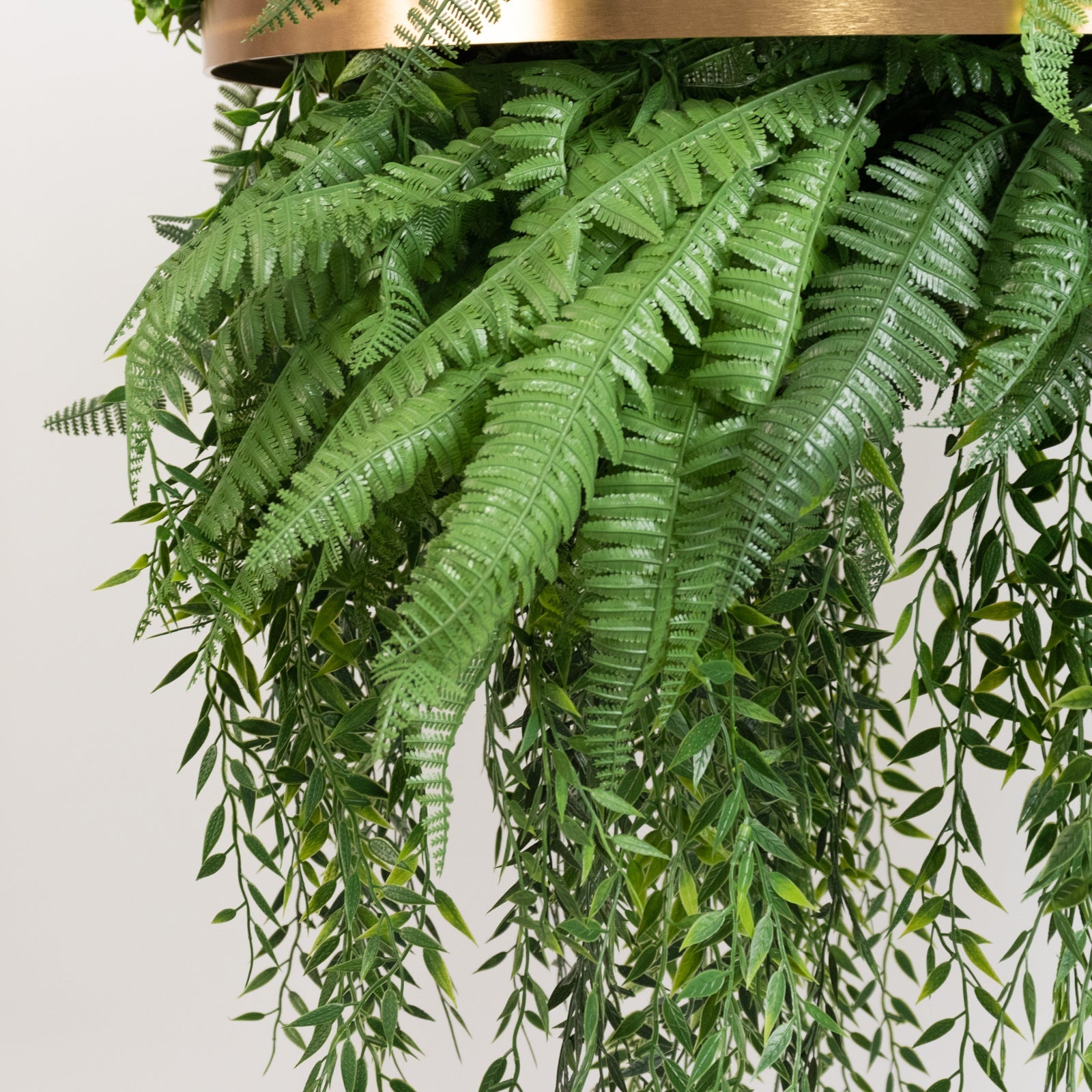Large Faux Greenery Hoop Chandelier – 24" Gold Ring with 42" Draping Fern for Boho or Garden-Themed Events