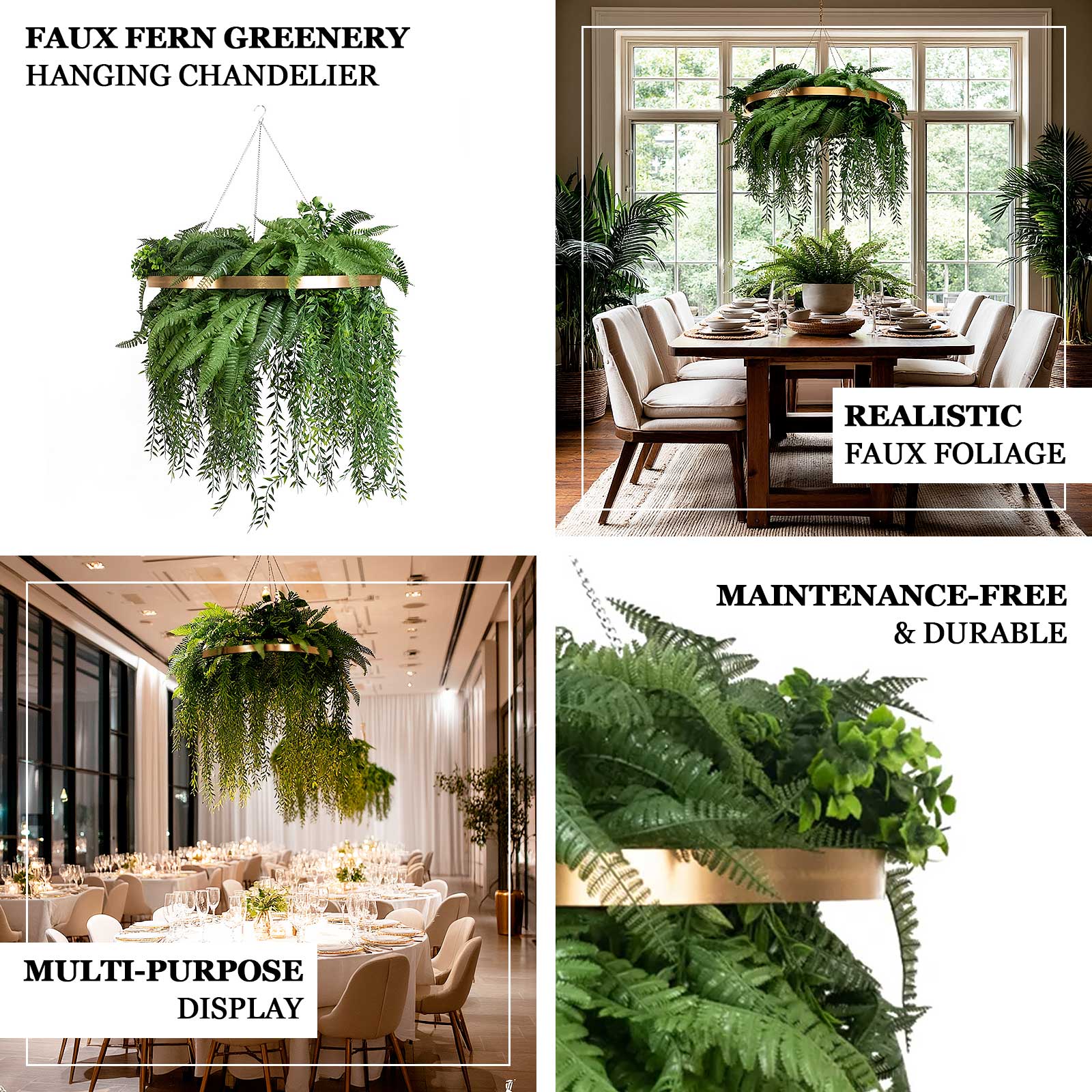 Large Faux Greenery Hoop Chandelier – 24" Gold Ring with 42" Draping Fern for Boho or Garden-Themed Events
