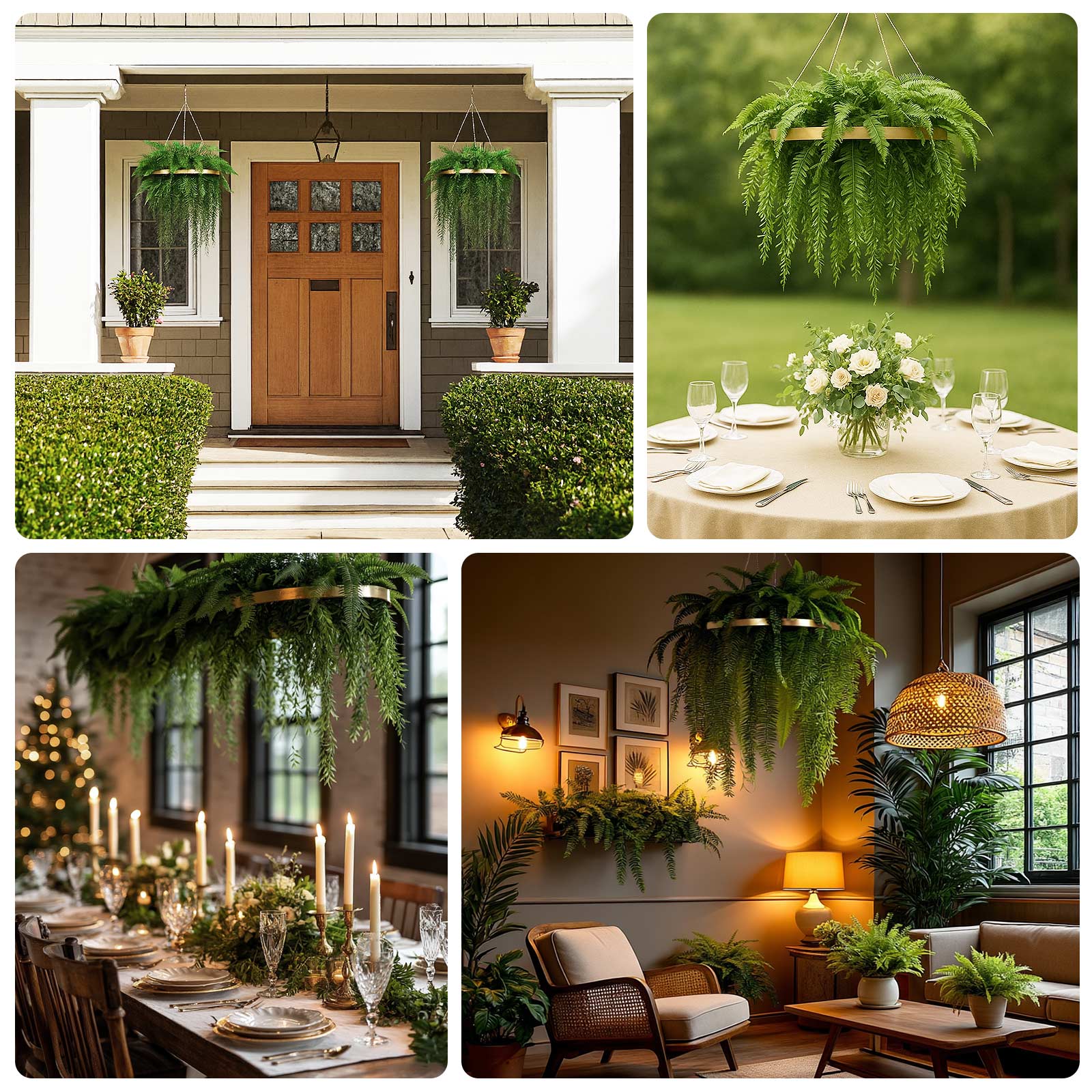 Large Faux Greenery Hoop Chandelier – 24" Gold Ring with 42" Draping Fern for Boho or Garden-Themed Events