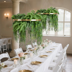 Large Faux Greenery Hoop Chandelier – 24" Gold Ring with 42" Draping Fern for Boho or Garden-Themed Events