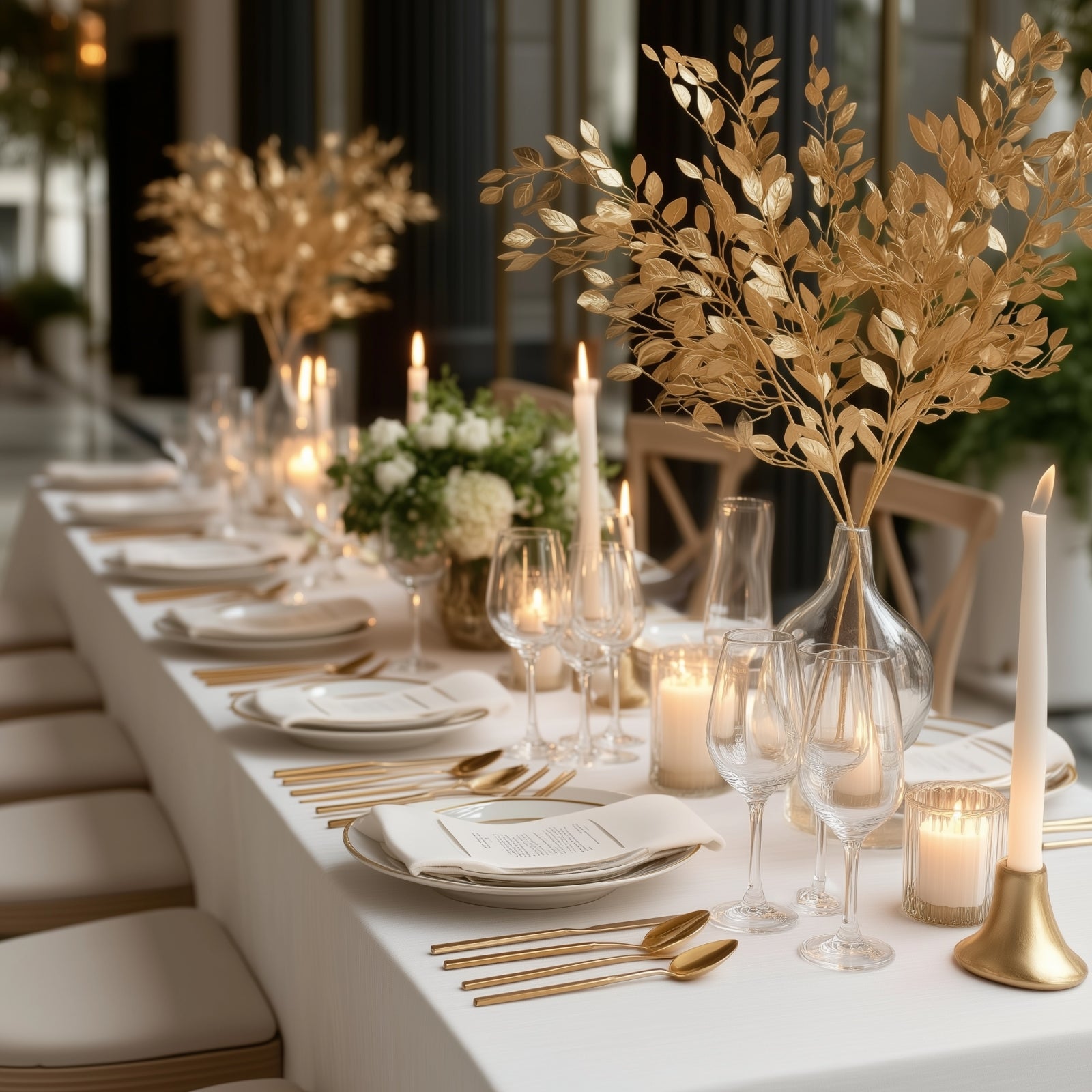 4 Pack Gold Metallic Artificial Leaf Sprays 33” – Italian Ruscus Branches Plastic Greenery for Decorative Arrangements