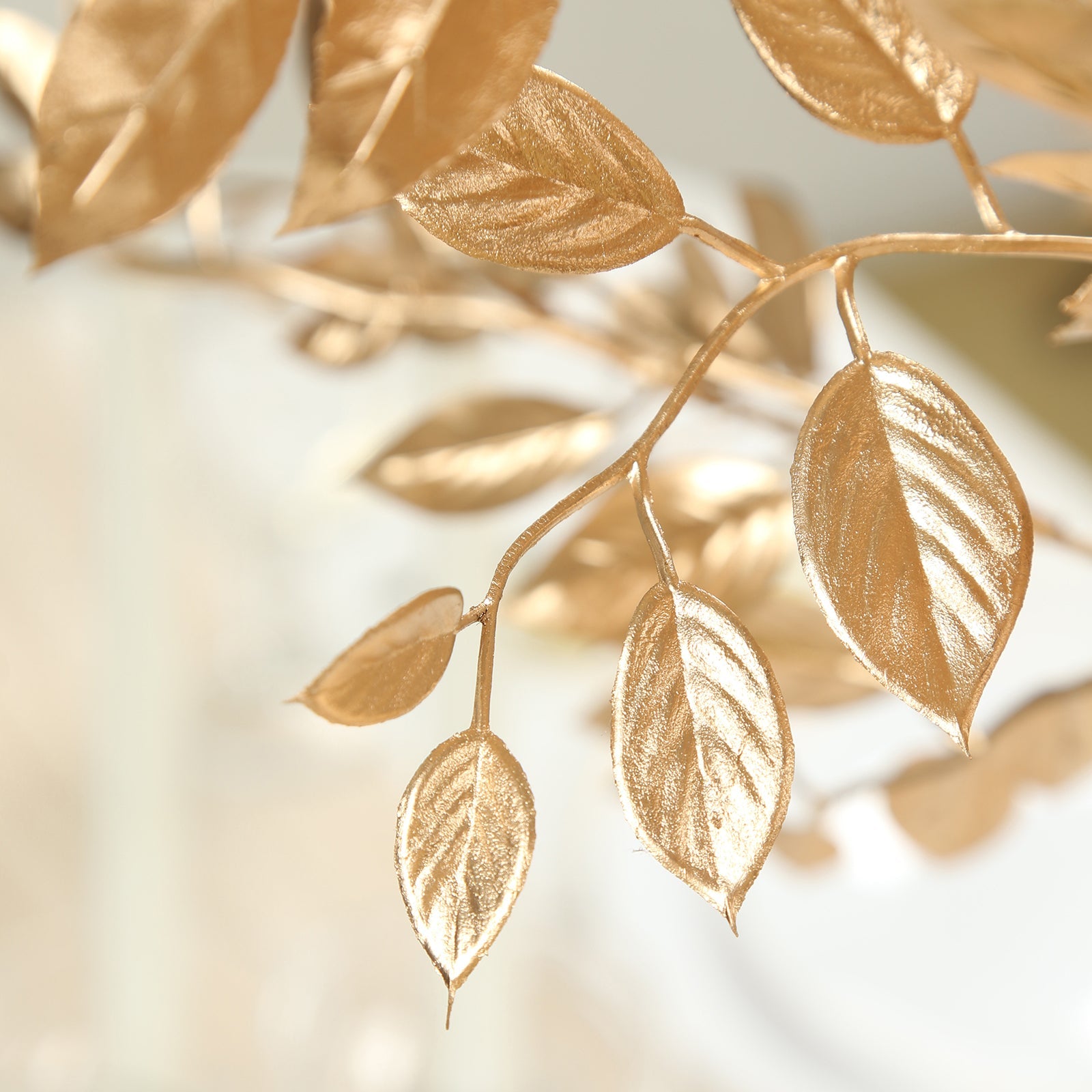 4 Pack Gold Metallic Artificial Leaf Sprays 33” – Italian Ruscus Branches Plastic Greenery for Decorative Arrangements