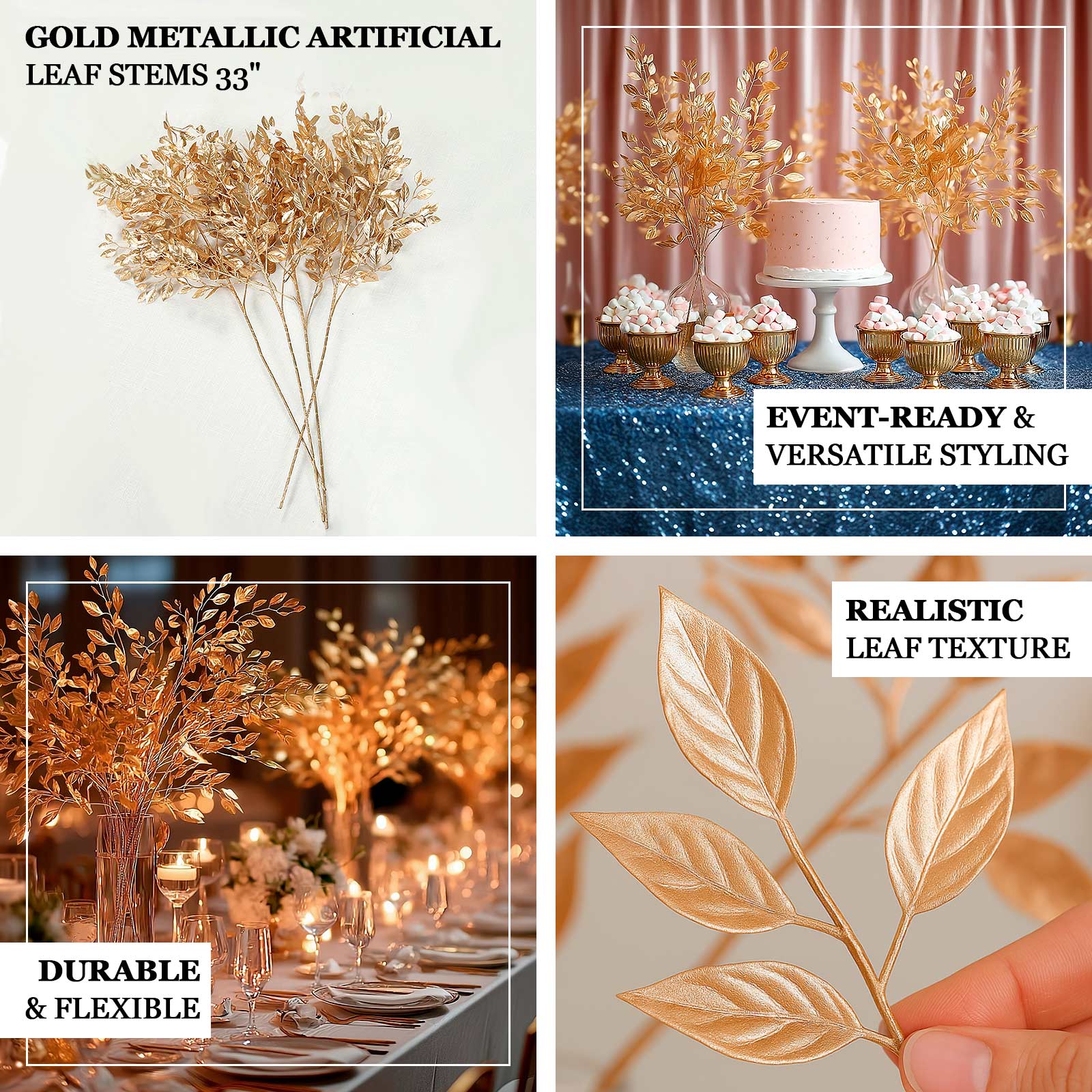 4 Pack Gold Metallic Artificial Leaf Sprays 33” – Italian Ruscus Branches Plastic Greenery for Decorative Arrangements