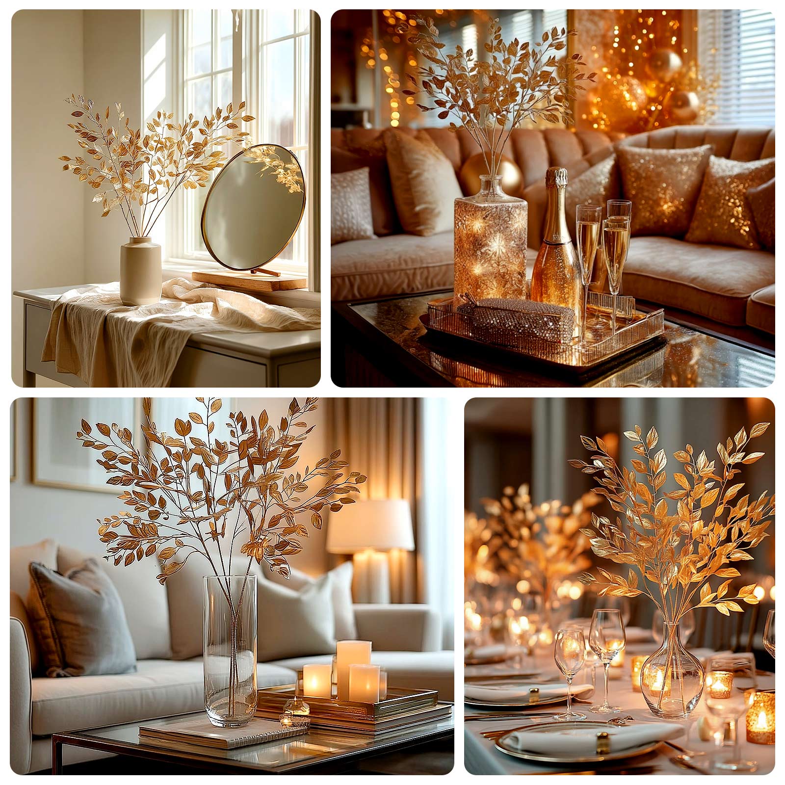 4 Pack Gold Metallic Artificial Leaf Sprays 33” – Italian Ruscus Branches Plastic Greenery for Decorative Arrangements