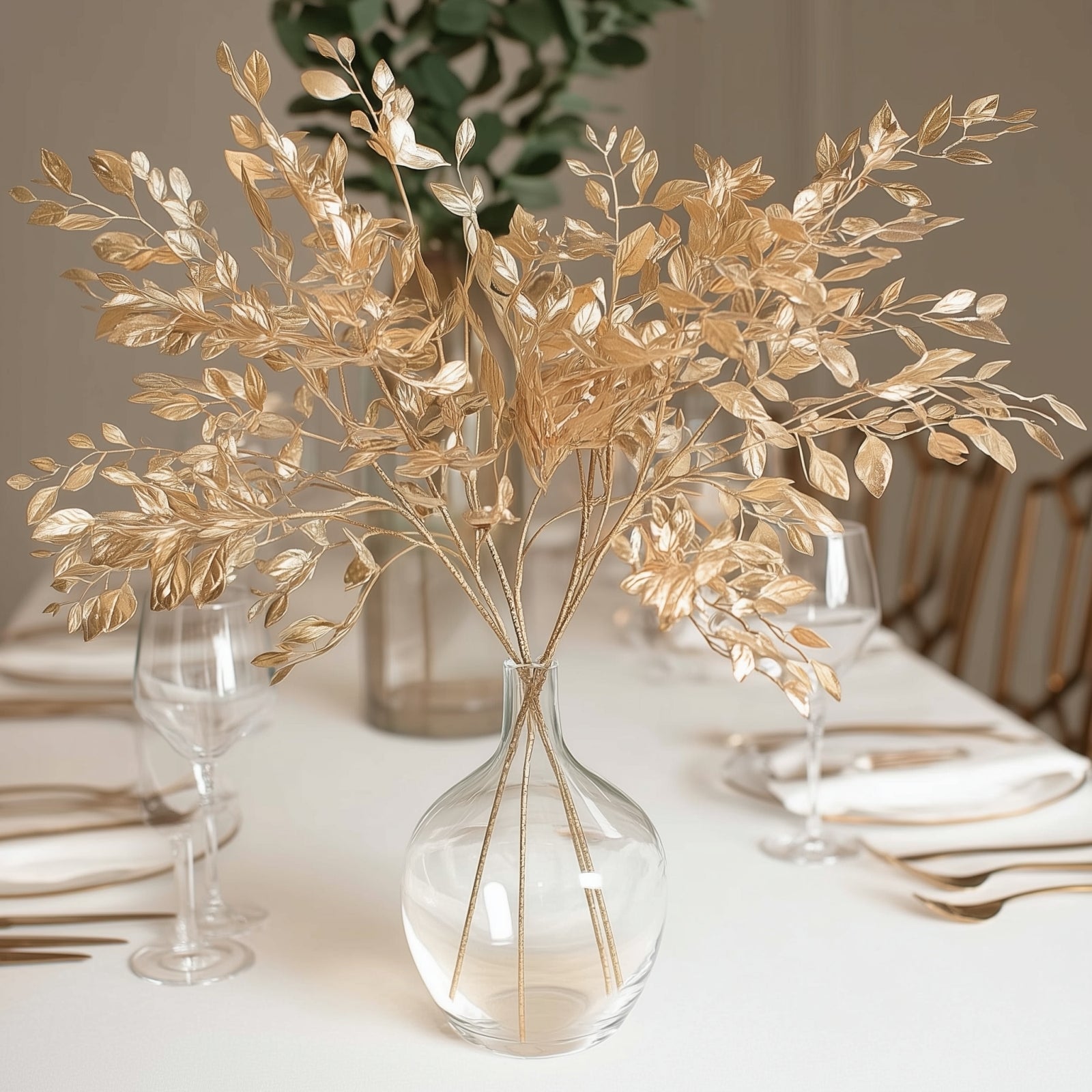 4 Pack Gold Metallic Artificial Leaf Sprays 33” – Italian Ruscus Branches Plastic Greenery for Decorative Arrangements