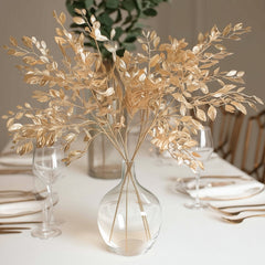 4 Pack Gold Metallic Artificial Leaf Sprays 33” – Italian Ruscus Branches Plastic Greenery for Decorative Arrangements