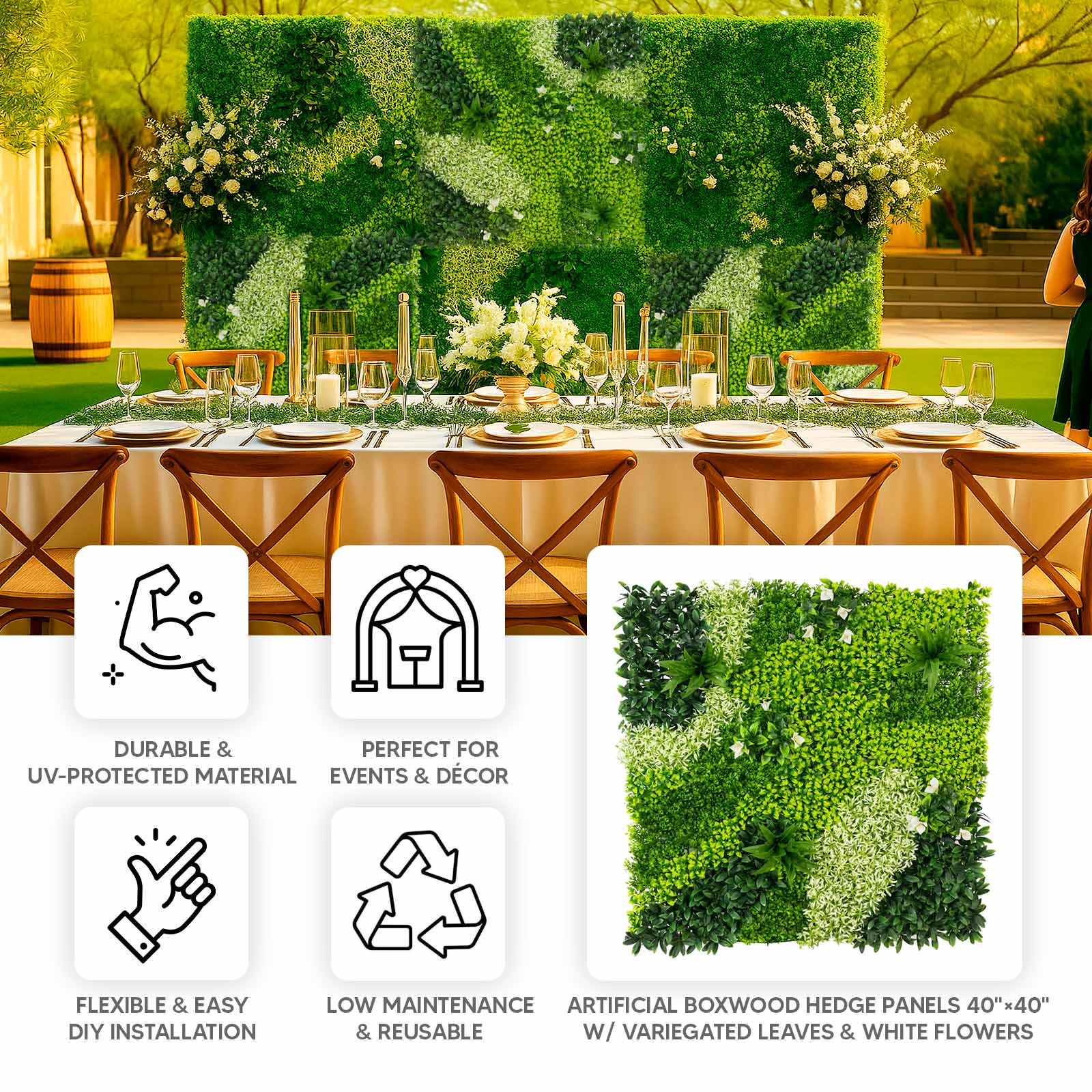 Artificial Boxwood Greenery Wall Panels, 40"×40" Grass Panels with Variegated Leaves and White Flowers, UV-Protected Backdrop for Outdoor Decor – 2 Panels, Covers 22 Sq. Ft.