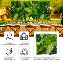 Artificial Boxwood Greenery Wall Panels, 40"×40" Grass Panels with Variegated Leaves and White Flowers, UV-Protected Backdrop for Outdoor Decor – 2 Panels, Covers 22 Sq. Ft.