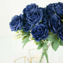 2 Bushes 18" Real Touch Navy Blue Artificial Rose Flower Bouquet, Silk Long Stem Flower Arrangements