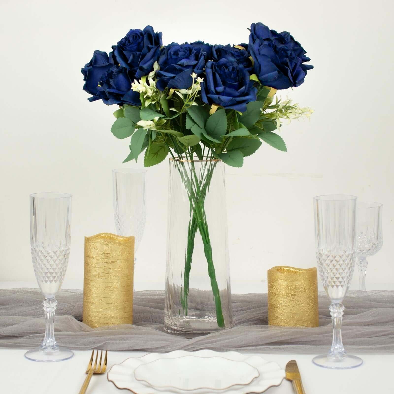 2 Bushes 18" Real Touch Navy Blue Artificial Rose Flower Bouquet, Silk Long Stem Flower Arrangements