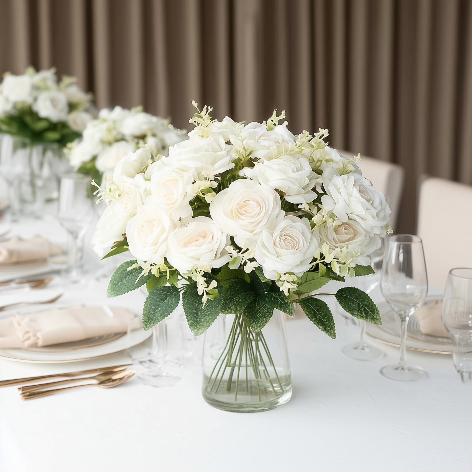 2 Bushes 18" Real Touch White Artificial Rose Flower Bouquet, Silk Long Stem Flower Arrangements