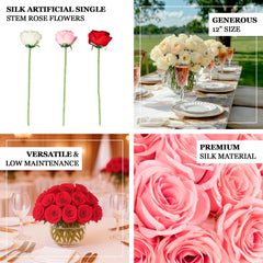 10 Pcs 12" Artificial Silk Roses - Pink, Single Stem Rose for Flower Bouquet Arrangements