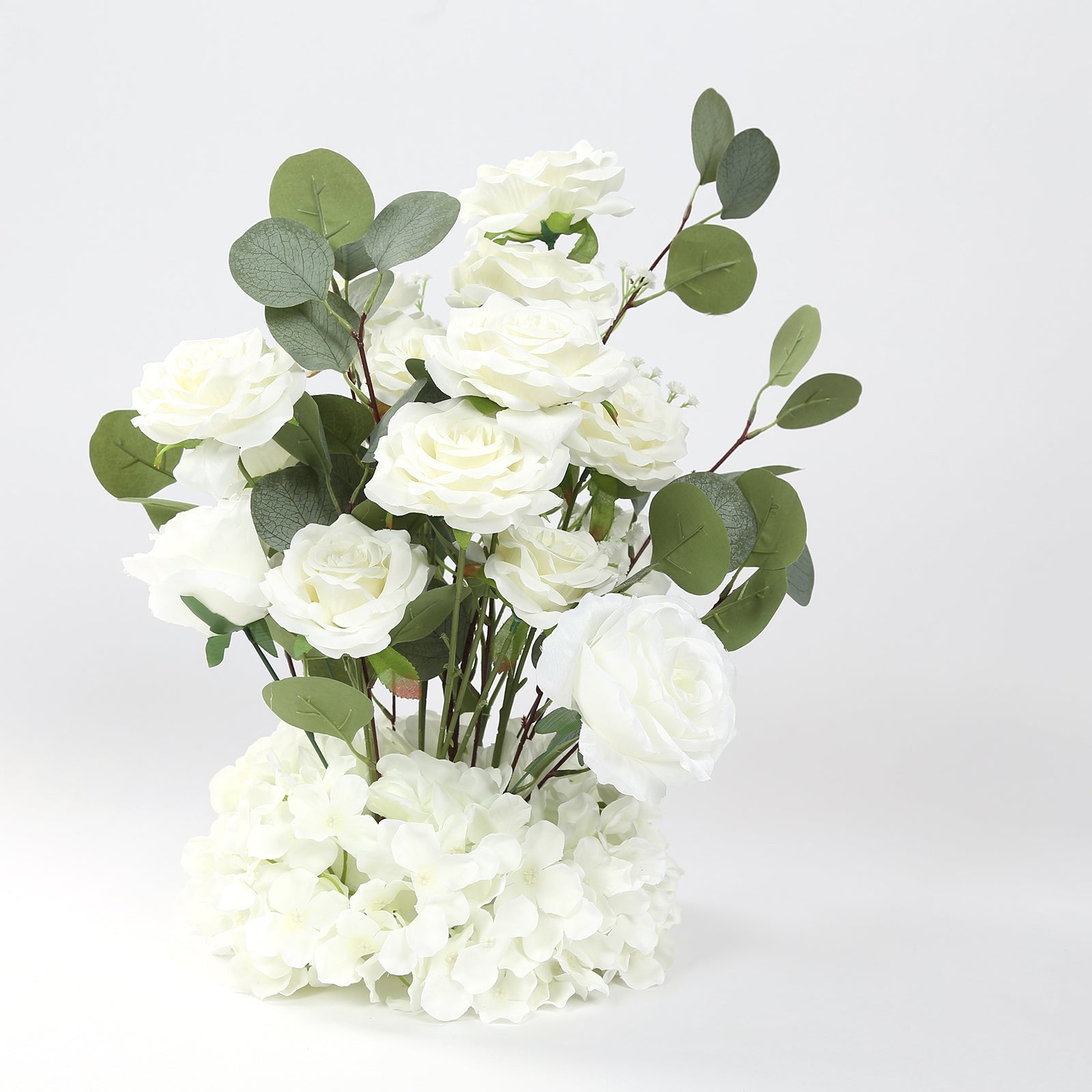 4-Pack White Artificial Flower Arrangements – 20" Roses, Hydrangeas & Eucalyptus, Free-Standing with Foam Base for Wedding Aisle Décor