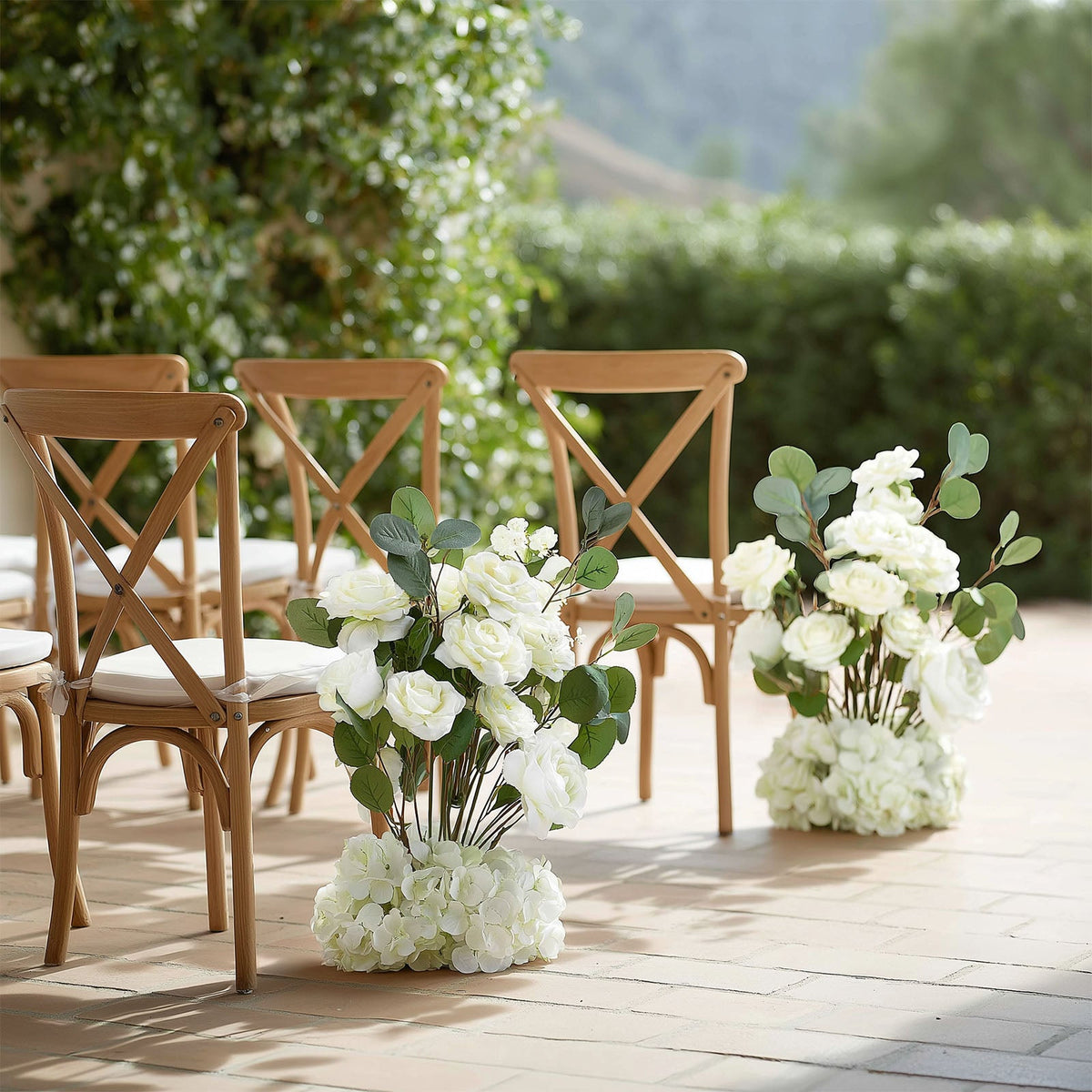 4-Pack White Artificial Flower Arrangements – 20" Roses, Hydrangeas & Eucalyptus, Free-Standing with Foam Base for Wedding Aisle Décor