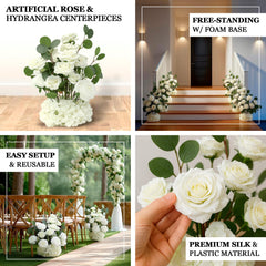 4-Pack White Artificial Flower Arrangements – 20" Roses, Hydrangeas & Eucalyptus, Free-Standing with Foam Base for Wedding Aisle Décor