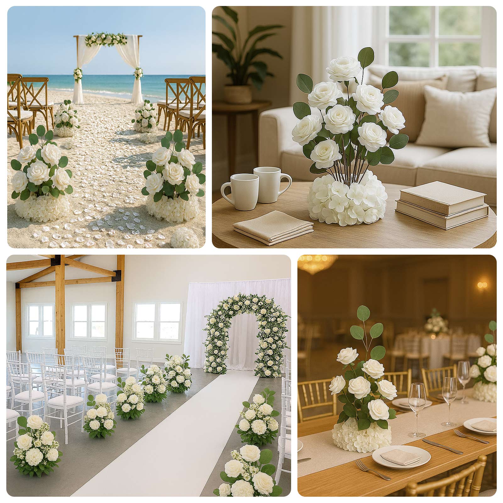 4-Pack White Artificial Flower Arrangements – 20" Roses, Hydrangeas & Eucalyptus, Free-Standing with Foam Base for Wedding Aisle Décor