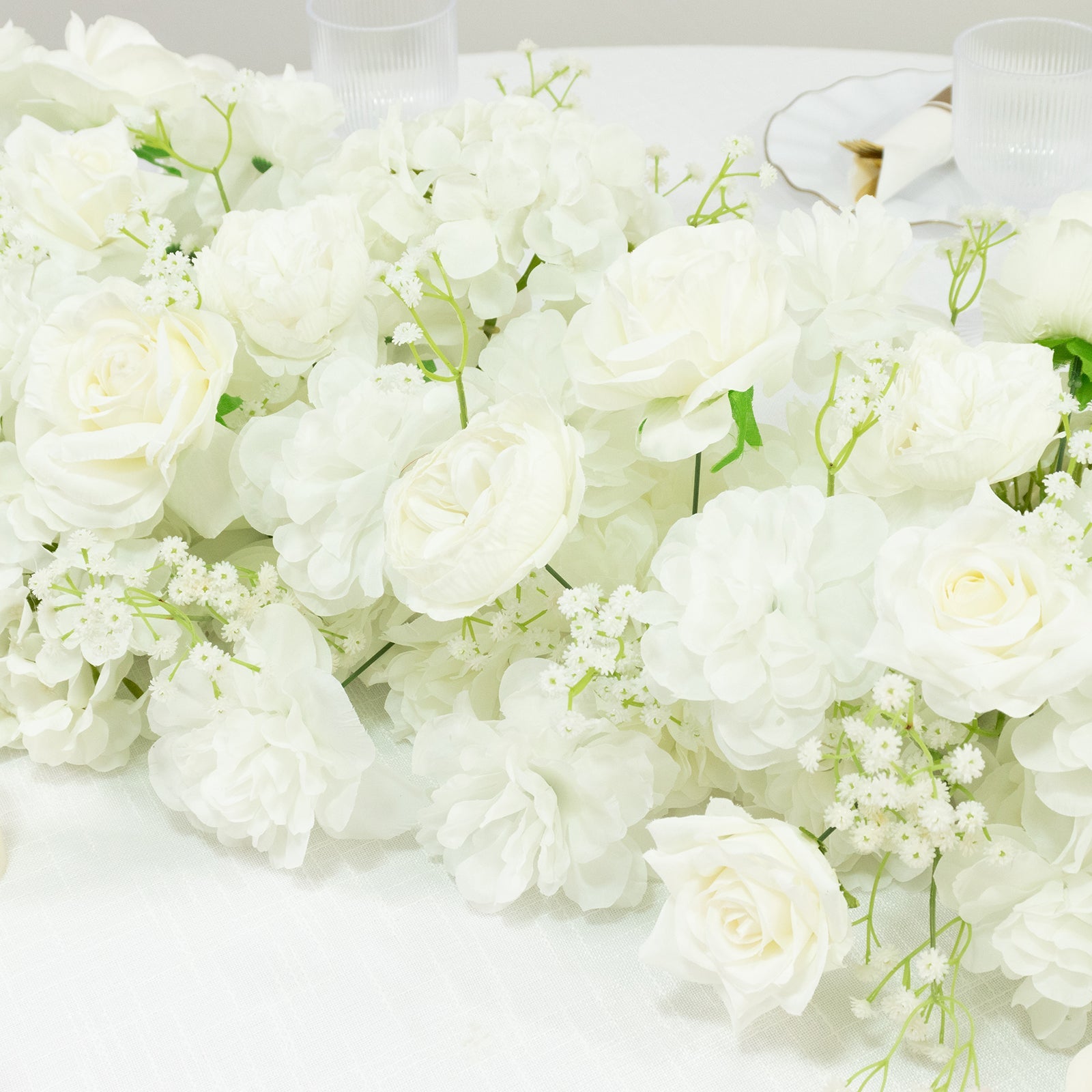 Pre-Arranged Silk Flower Table Runner 40"x16" – White Roses, Hydrangeas & Baby's Breath for Wedding Table & Arch Decor