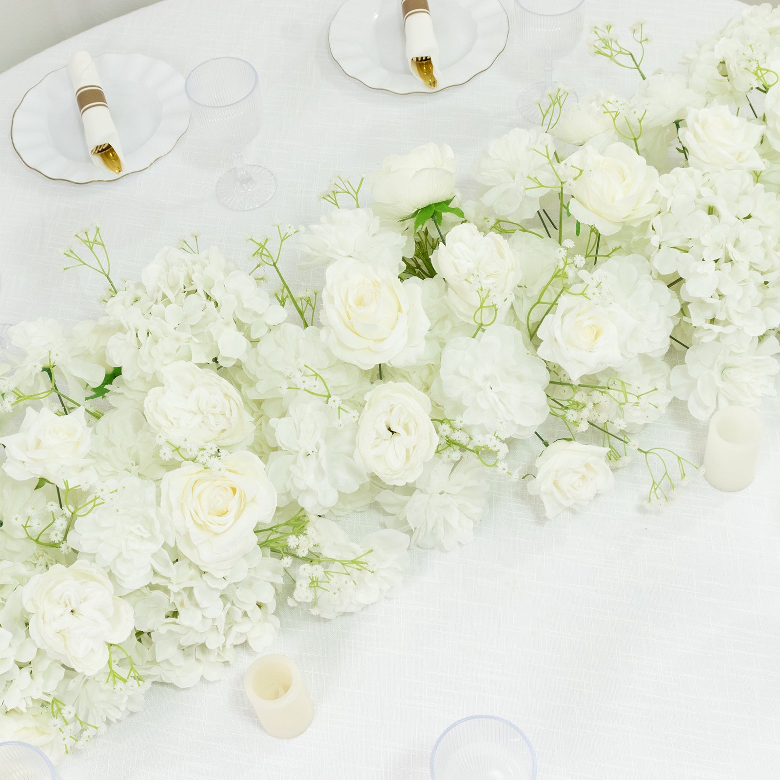 Pre-Arranged Silk Flower Table Runner 40"x16" – White Roses, Hydrangeas & Baby's Breath for Wedding Table & Arch Decor