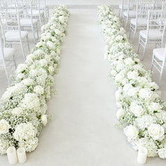 Pre-Arranged Silk Flower Table Runner 40"x16" – White Roses, Hydrangeas & Baby's Breath for Wedding Table & Arch Decor