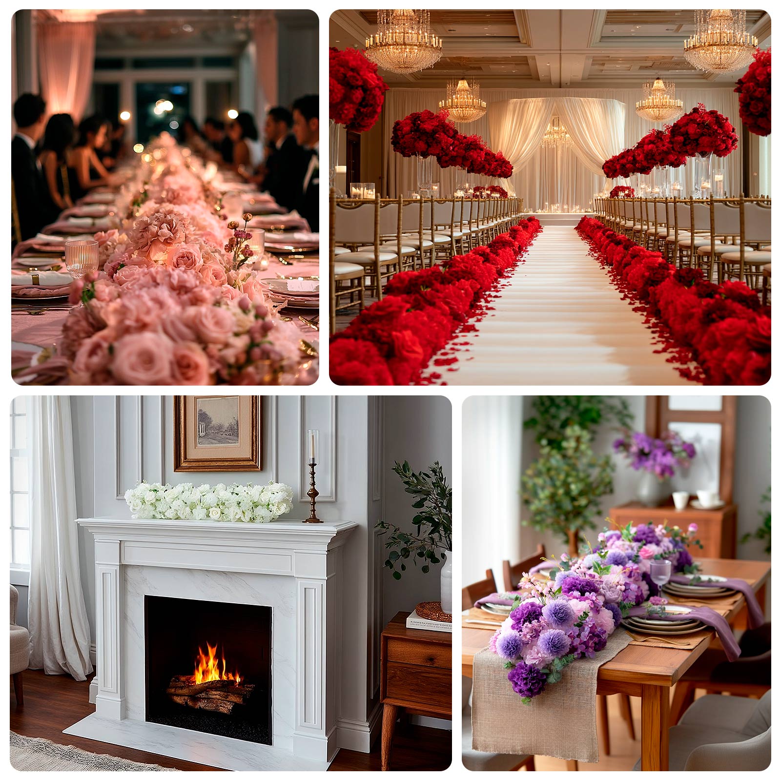 Pre-Arranged Silk Flower Table Runner 40"x16" Mixed Dusty Rose – Roses, Hydrangeas, Chrysanthemums & Peonies for Wedding Table & Arch Decor