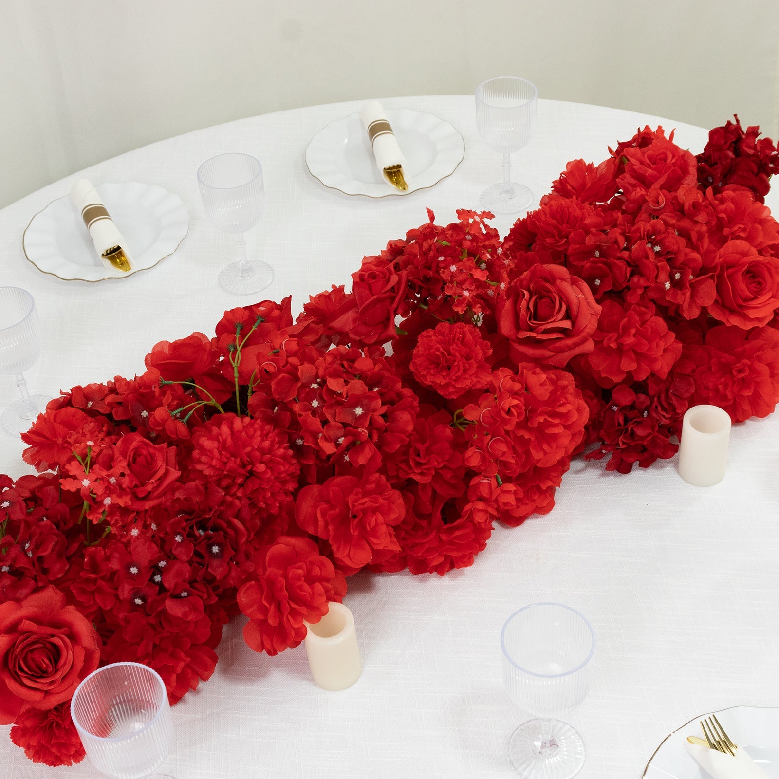 Pre-Arranged Silk Flower Table Runner 40"x16" Mixed Red – Roses, Hydrangeas, Chrysanthemums & Peonies for Wedding Table & Arch Decor