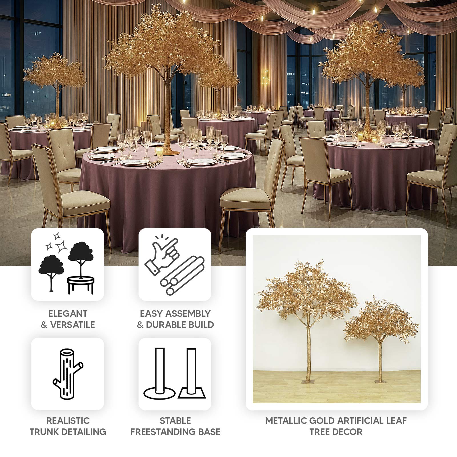 5ft Golden Faux Leaf Trees with Natural-Look Trunks – Floor Décor for Venues & Events
