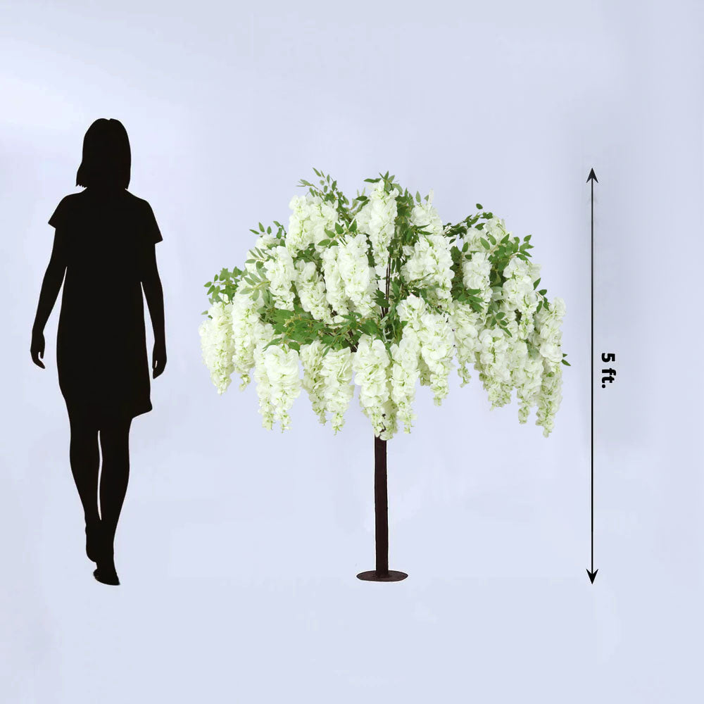 5ft Freestanding White Wisteria Artificial Tree – Cascading Silk Flower Display for Weddings & Events