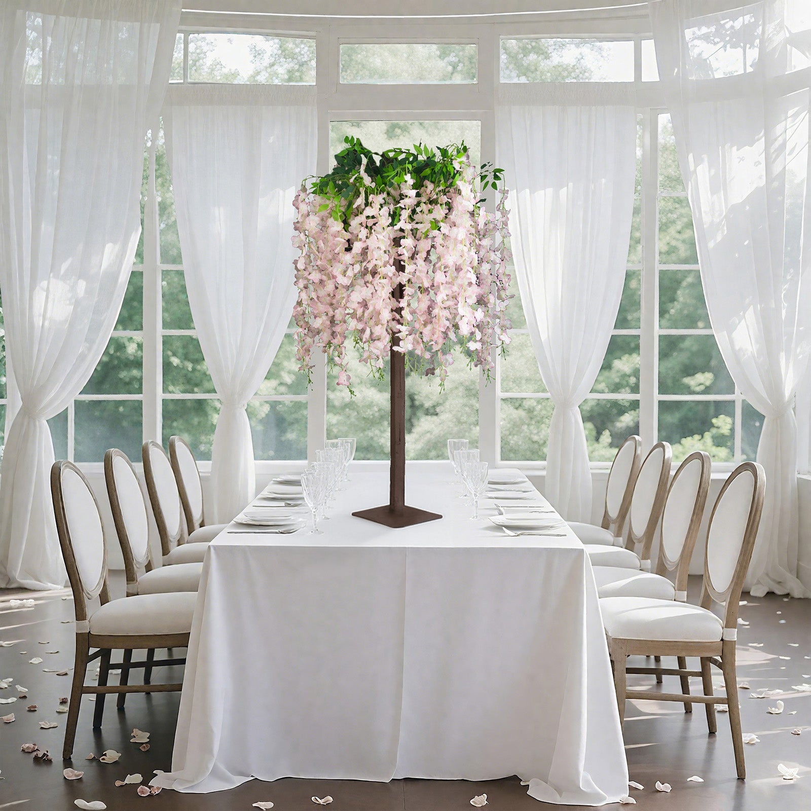 Blush Artificial Wisteria Tree – 4ft Cascading Silk Flowers with Natural Trunk for Weddings, Receptions & Event Centerpieces