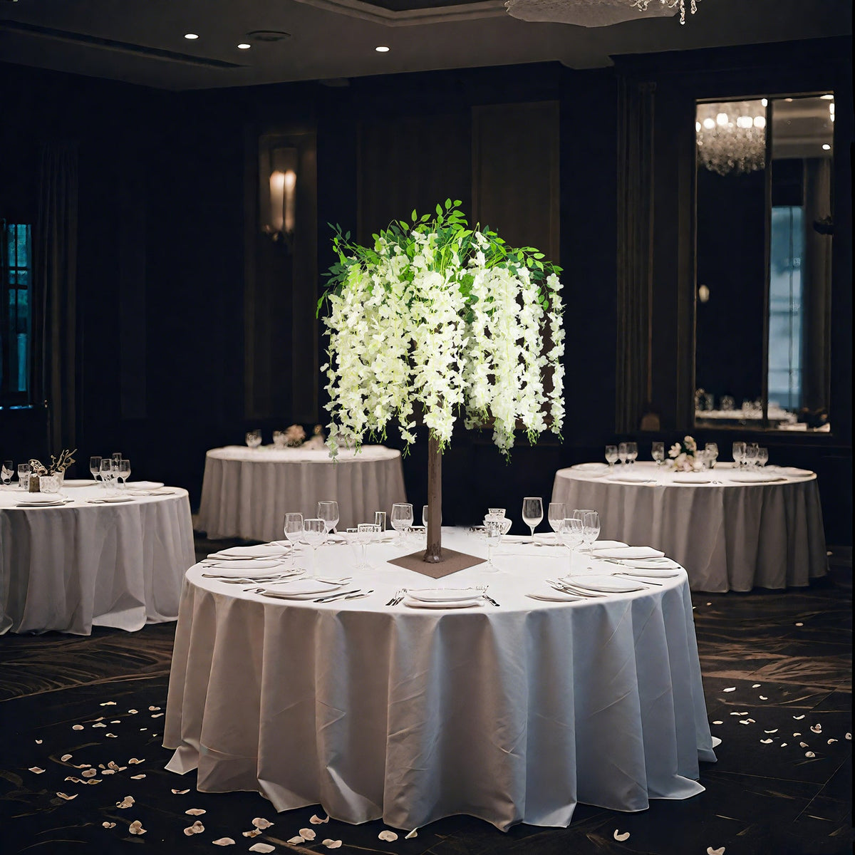 Cream Artificial Wisteria Tree – 4ft Cascading Silk Flowers with Natural Trunk for Weddings, Receptions & Event Centerpieces