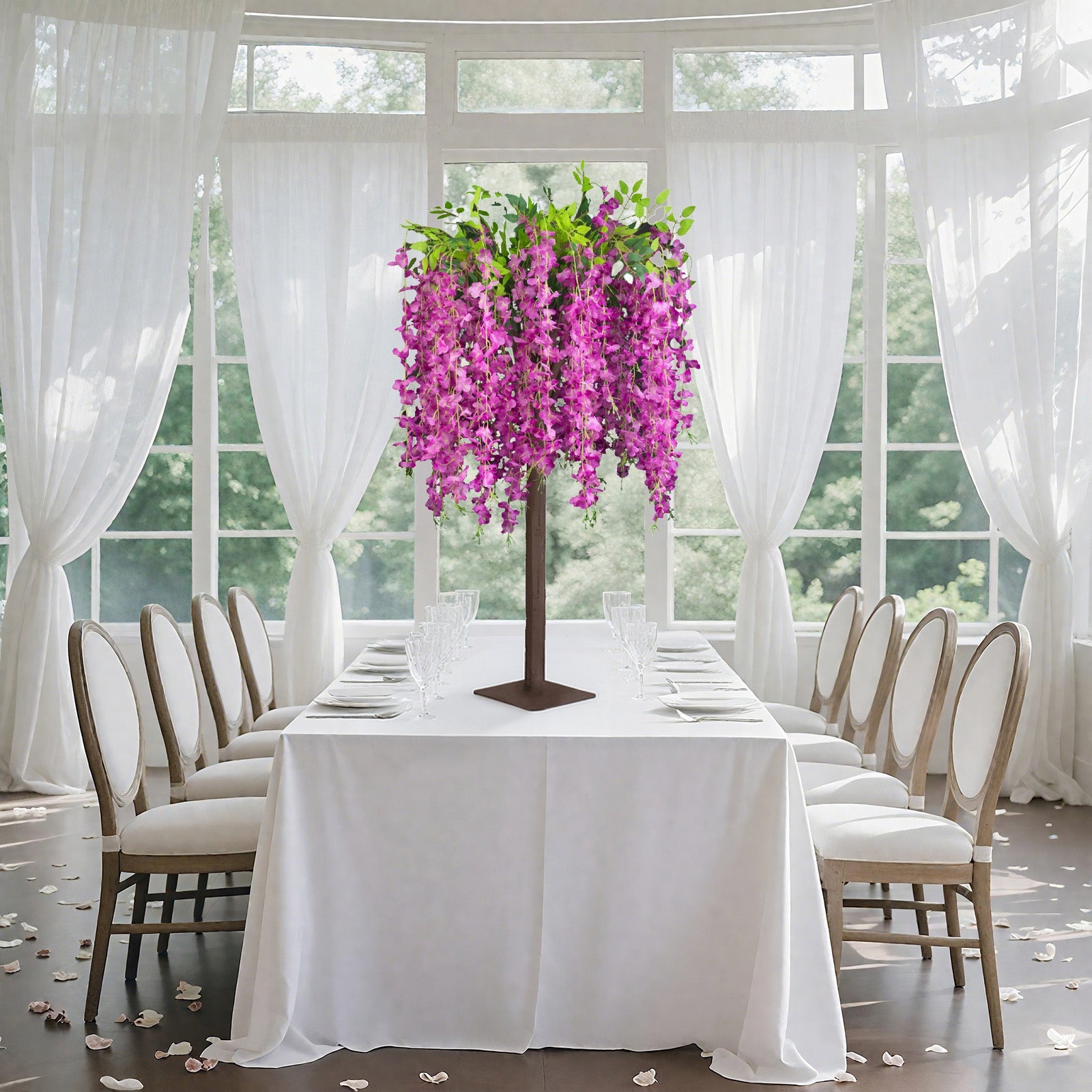 Lavender Lilac Artificial Wisteria Tree – 4ft Cascading Silk Flowers with Natural Trunk for Weddings, Receptions & Event Centerpieces