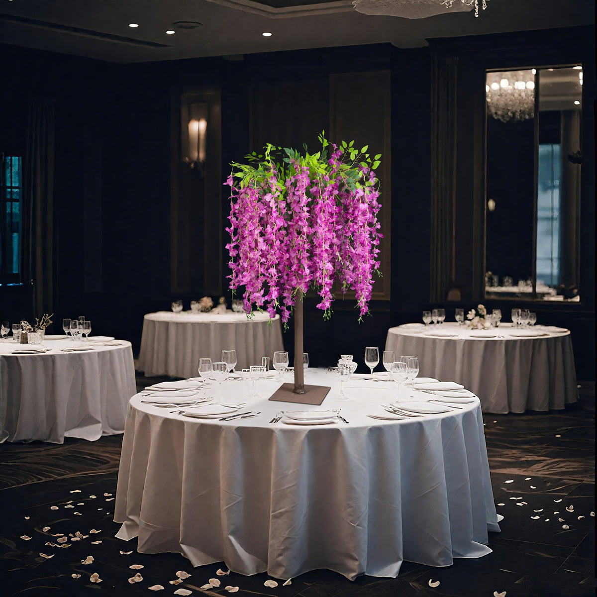 Lavender Lilac Artificial Wisteria Tree – 4ft Cascading Silk Flowers with Natural Trunk for Weddings, Receptions & Event Centerpieces