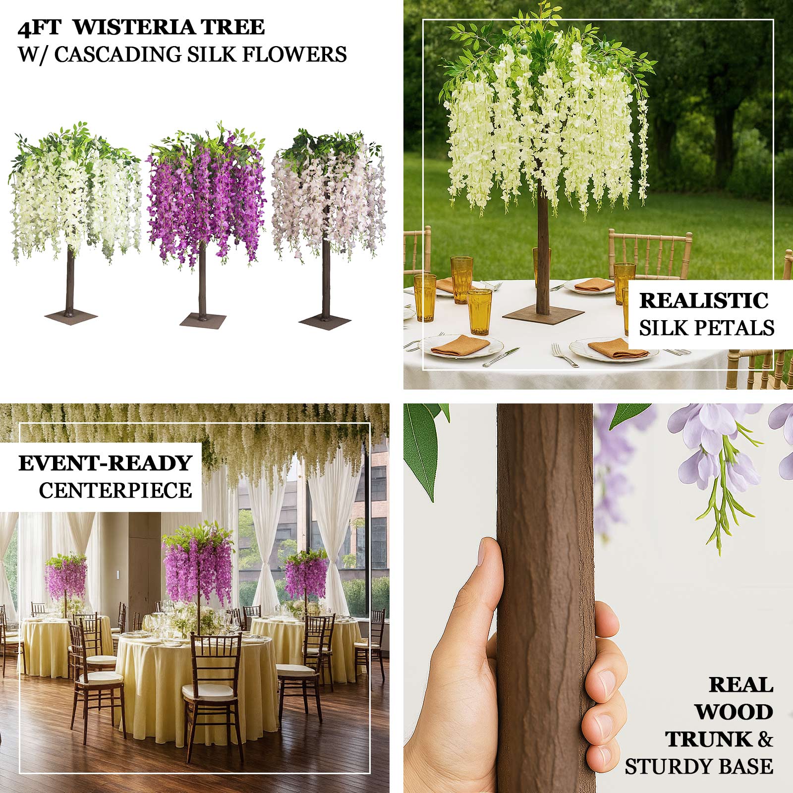 Blush Artificial Wisteria Tree – 4ft Cascading Silk Flowers with Natural Trunk for Weddings, Receptions & Event Centerpieces