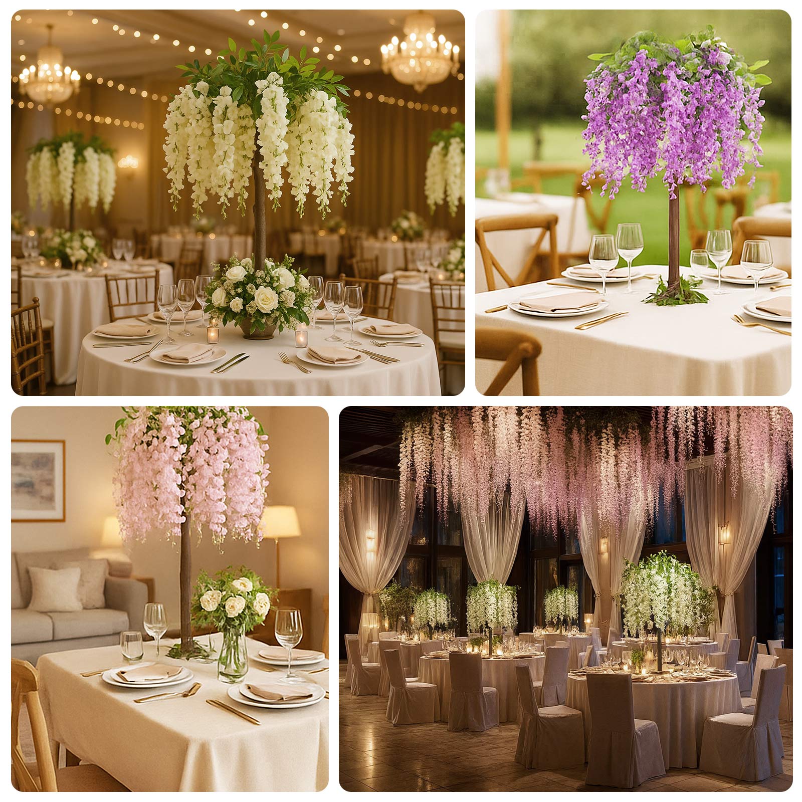 Blush Artificial Wisteria Tree – 4ft Cascading Silk Flowers with Natural Trunk for Weddings, Receptions & Event Centerpieces