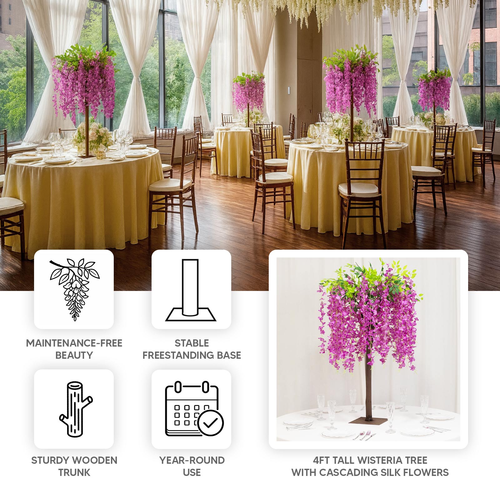 Lavender Lilac Artificial Wisteria Tree – 4ft Cascading Silk Flowers with Natural Trunk for Weddings, Receptions & Event Centerpieces