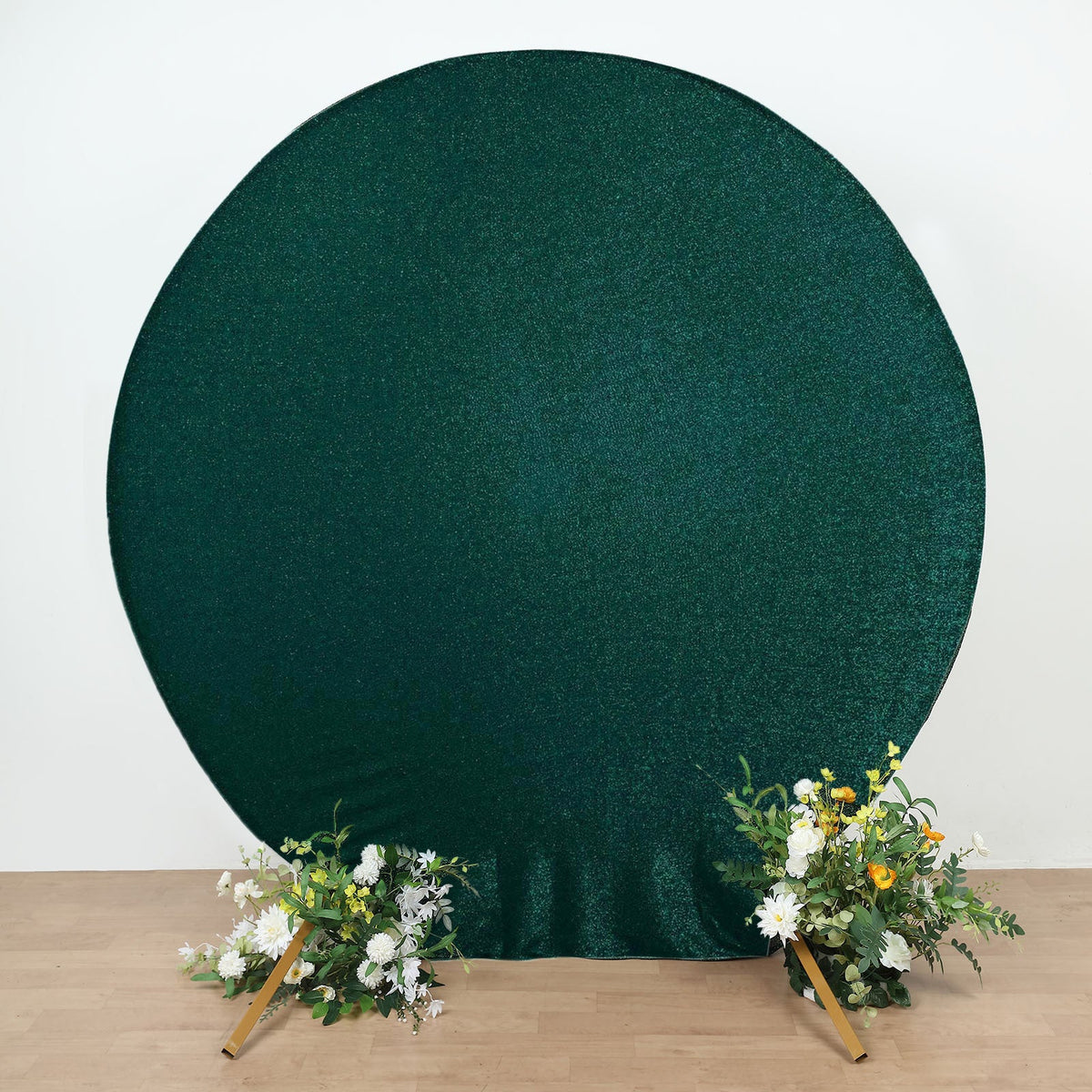 7.5ft Hunter Emerald Green Metallic Shimmer Tinsel Spandex Round Wedding Arch Cover, 2-Sided Photo Backdrop