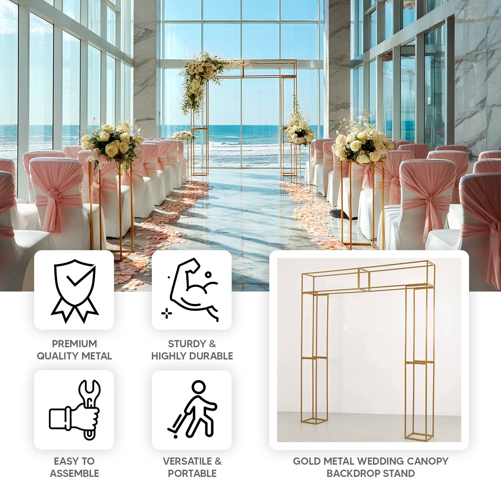 Heavy Duty Gold Metal 3D Rectangular Wedding Arch, 8ft Floral Balloon Frame Backdrop Stand