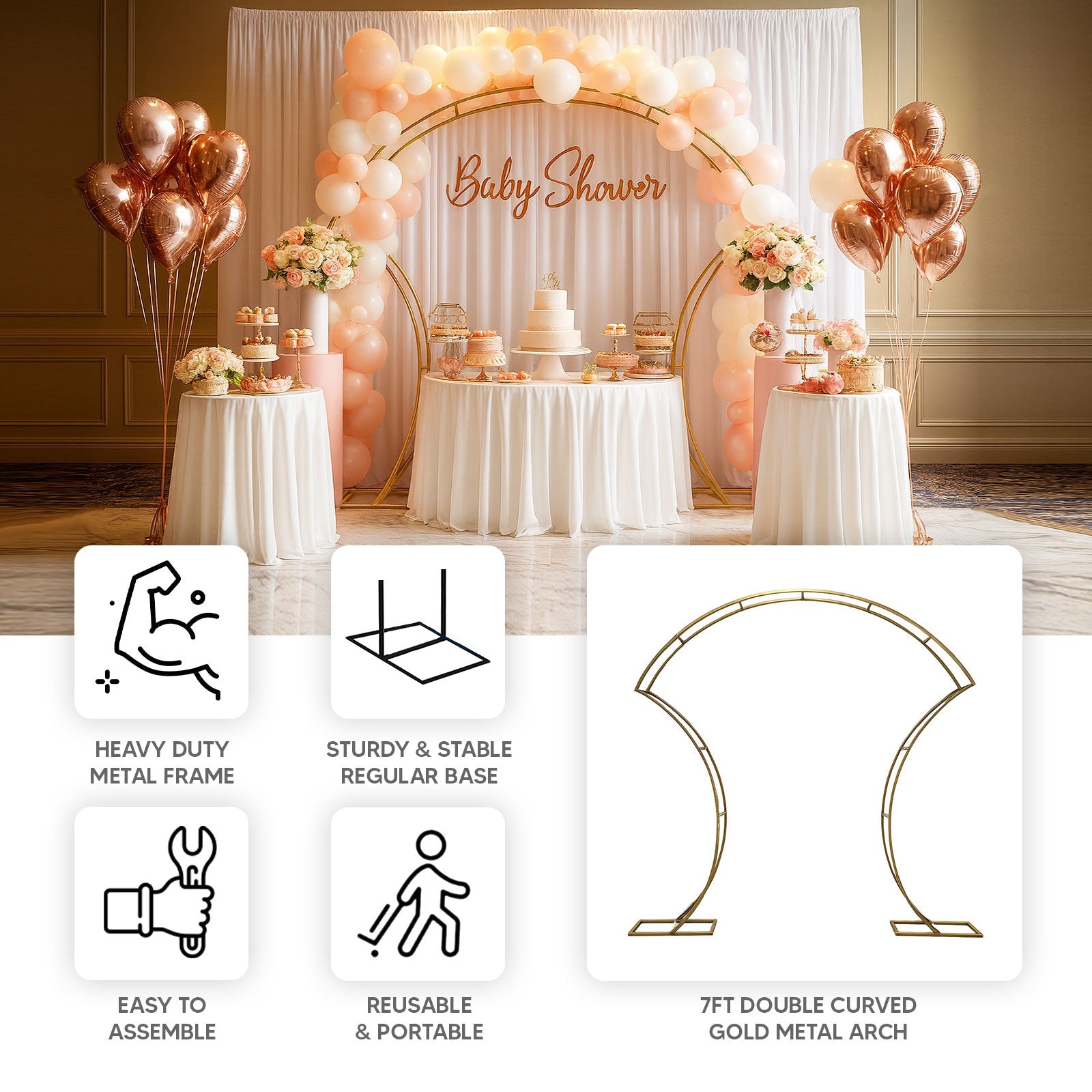 7ft Gold Double-Curved Metal Arch Frame – Backdrop, Balloon & Flower Arrangement Display Stand