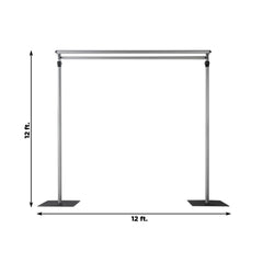 Adjustable Pipe and Drape Backdrop Stand with Double Cross Bars, Silver Aluminum Frame Support System 12ft x 12ft with Heavy Steel Bases