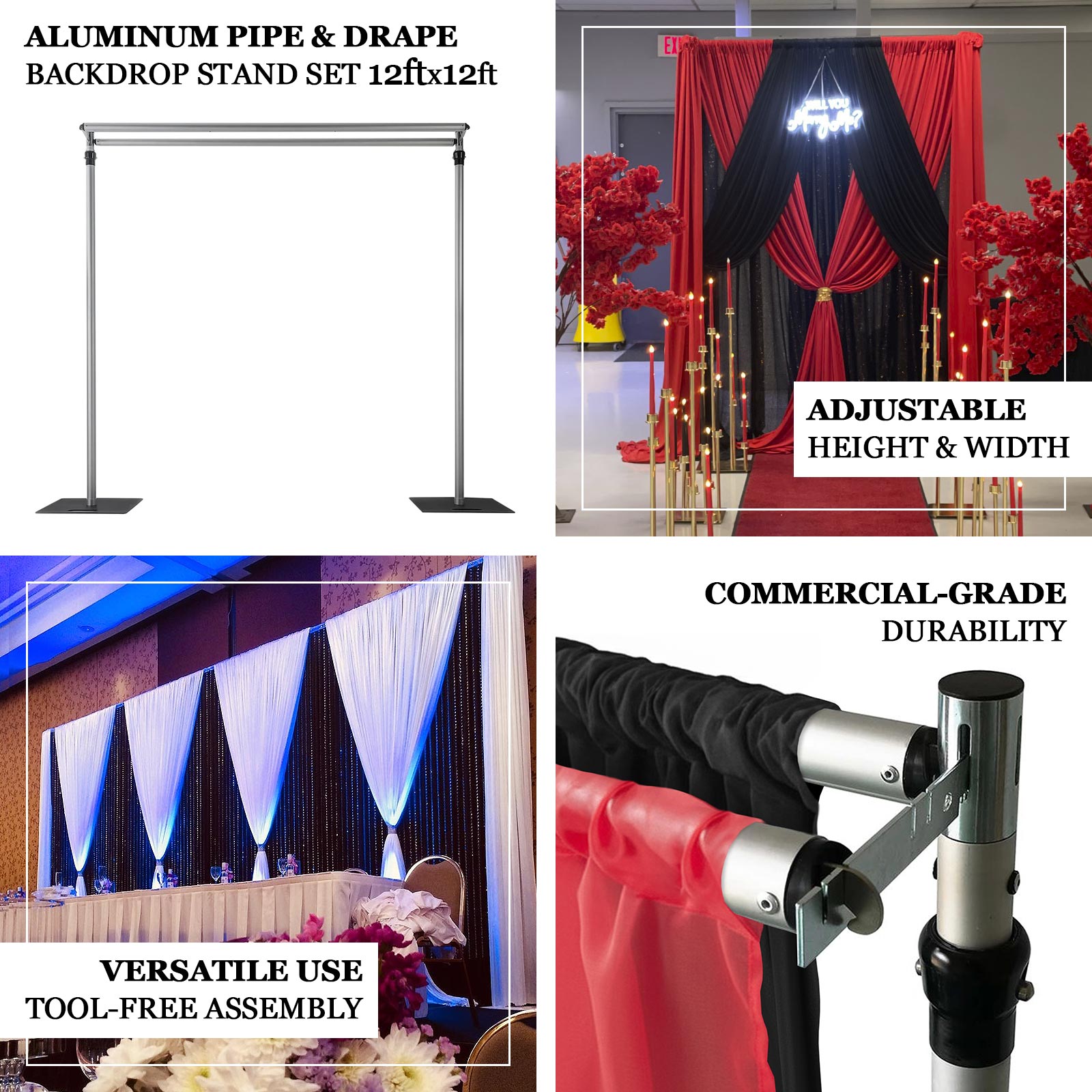 Adjustable Pipe and Drape Backdrop Stand with Double Cross Bars, Silver Aluminum Frame Support System 12ft x 12ft with Heavy Steel Bases