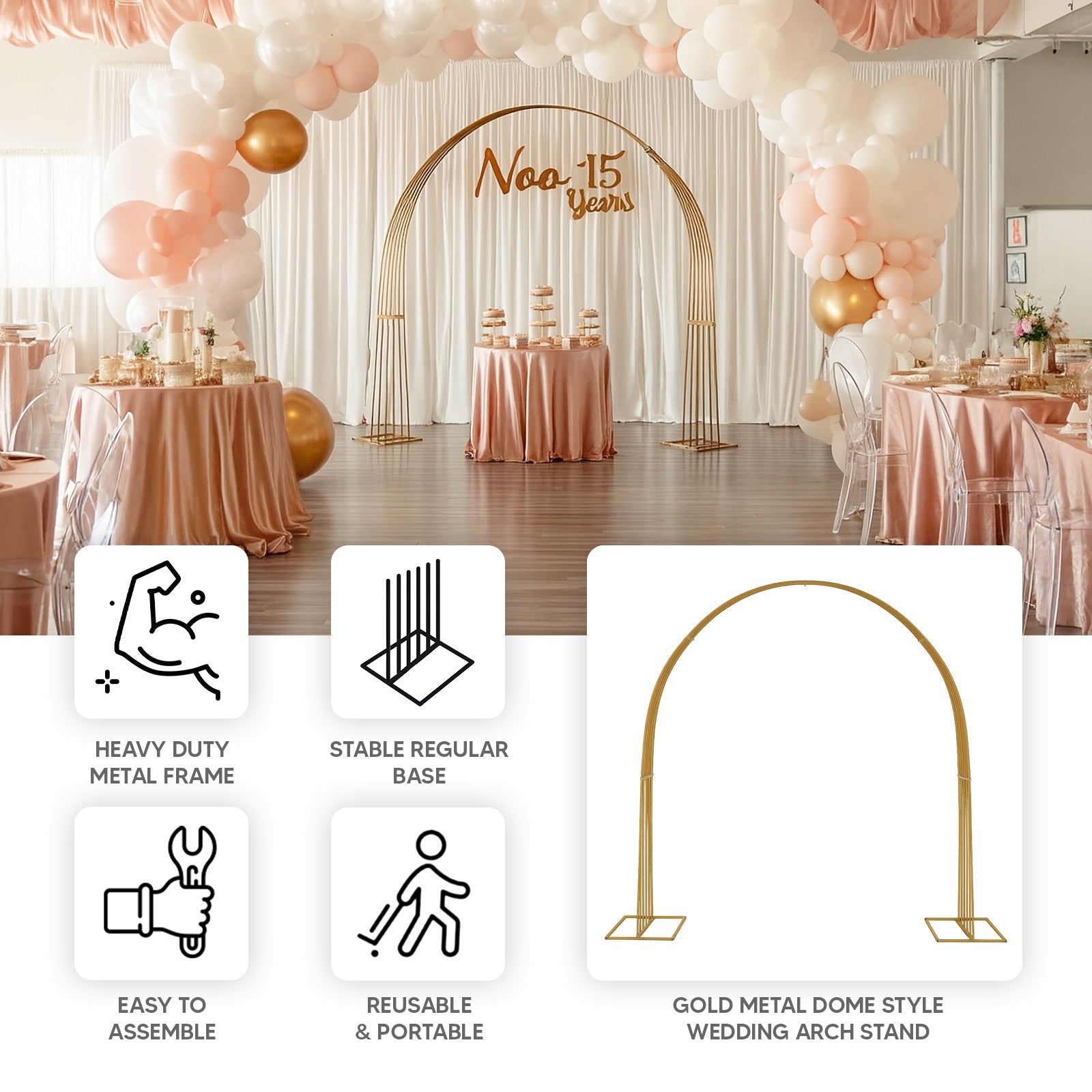 8ft Gold Metal Dome Wedding Arch, Heavy-Duty Backdrop Stand 3D Floral Balloon Frame