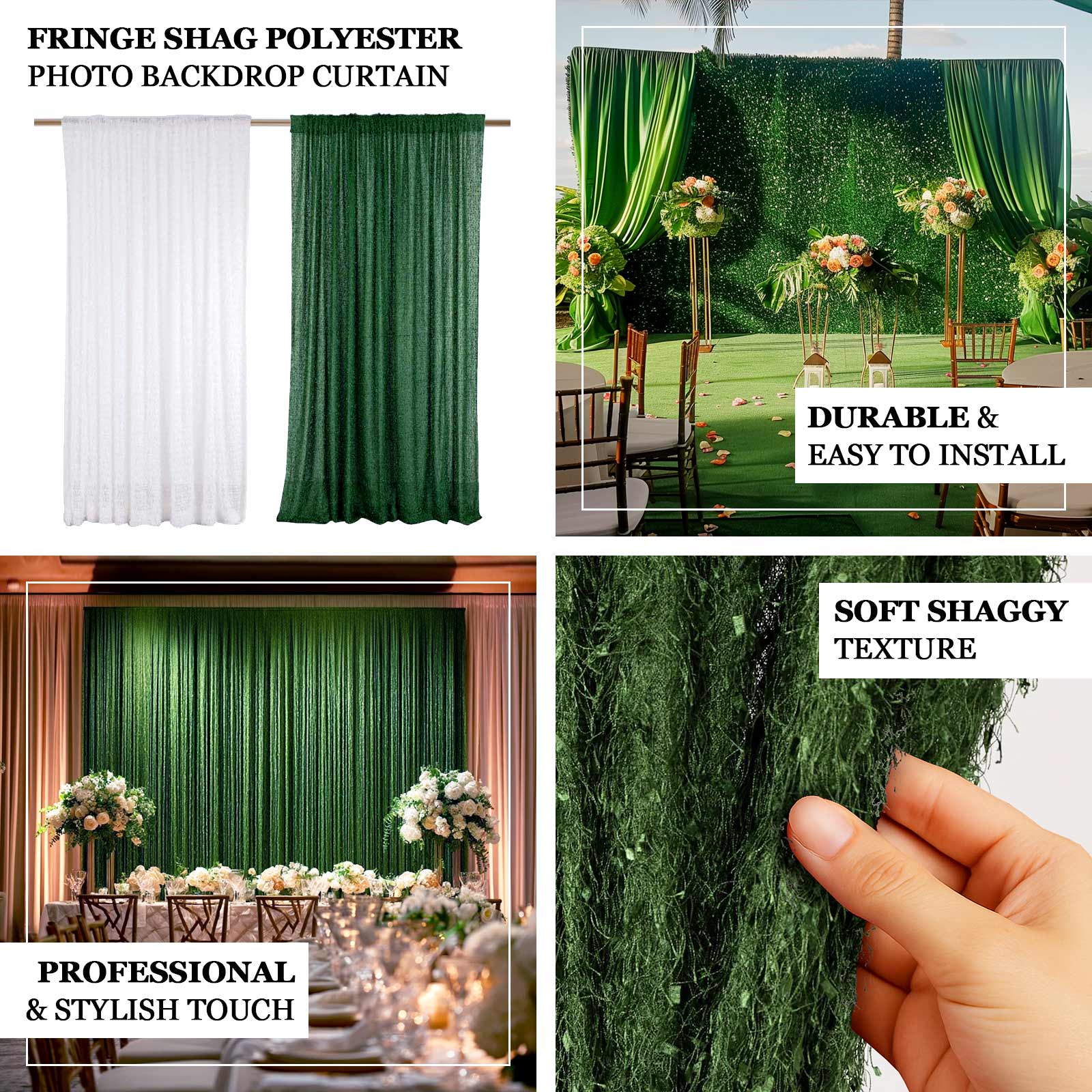 8ftx8ft White Fringe Shag Polyester Event Drapery Panel, Minky Fabric Divider Backdrop Curtain