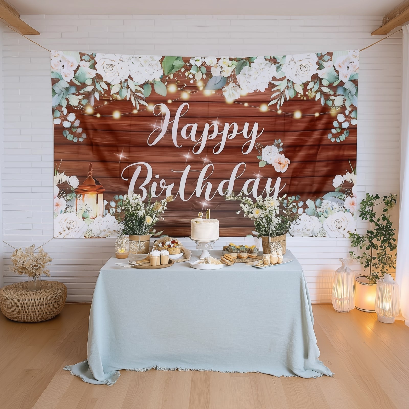 6ftx3ft White Brown Rustic Wood Floral Happy Birthday Photo Backdrop, Large Polyester Background Banner