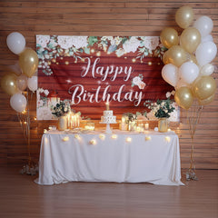 6ftx3ft White Brown Rustic Wood Floral Happy Birthday Photo Backdrop, Large Polyester Background Banner