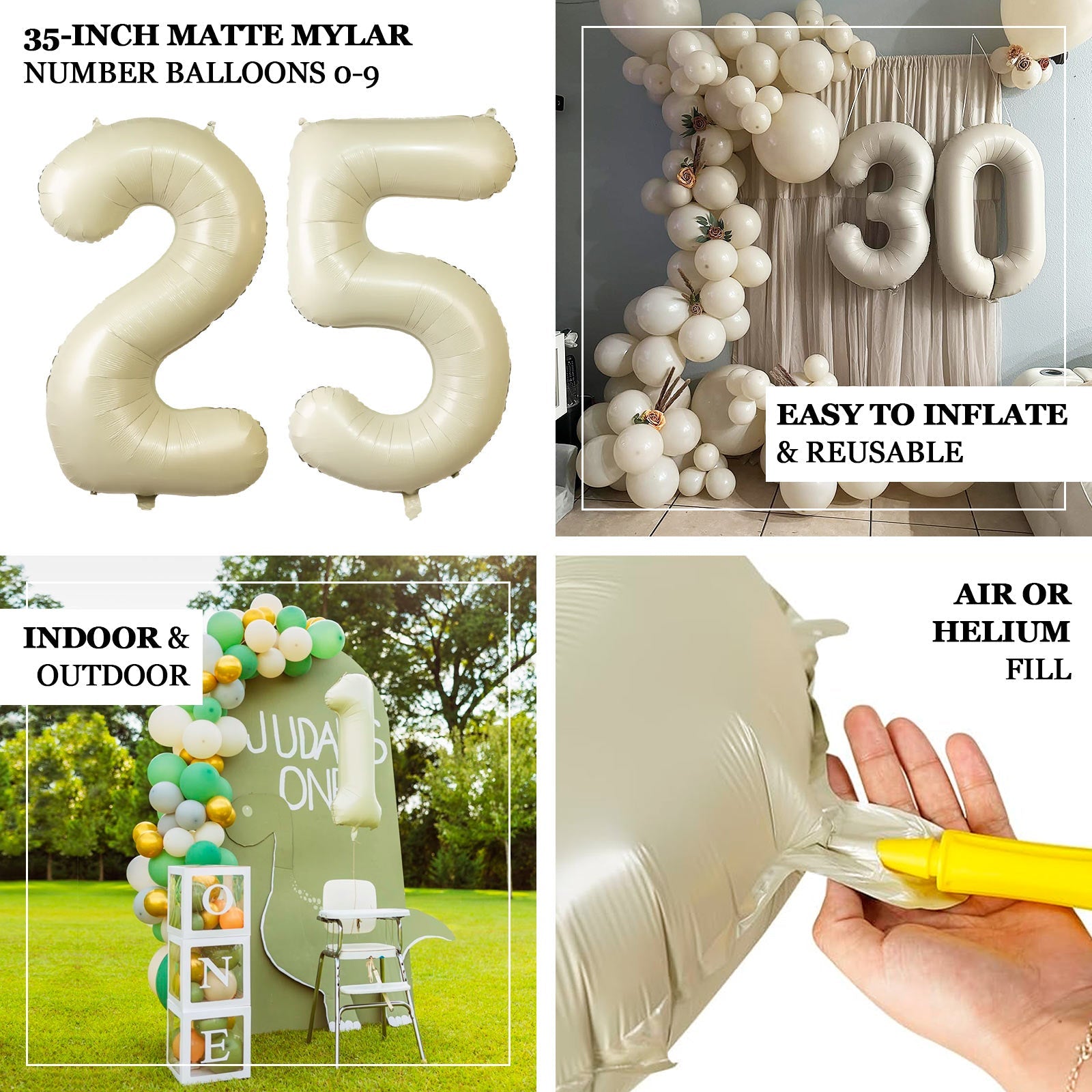 Matte Cream Number Balloons 0-9 – 35" Large Mylar Foil Balloons, Air or Helium Fill