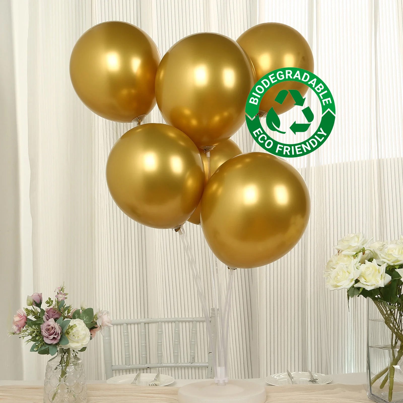 50 Pack Chrome Gold Biodegradable Latex Balloons 12", Thick Eco Friendly Metallic Party Balloons