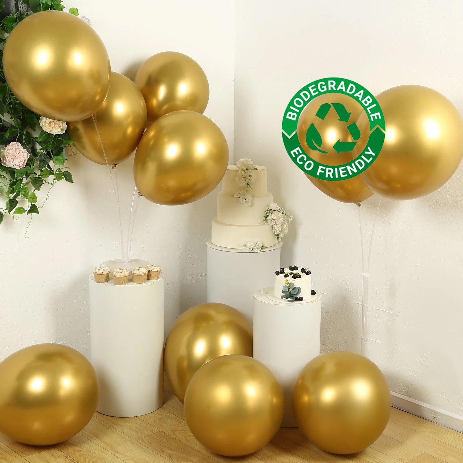 10 Pack Chrome Gold Biodegradable Latex Balloons 18", Thick Eco Friendly Metallic Party Balloons