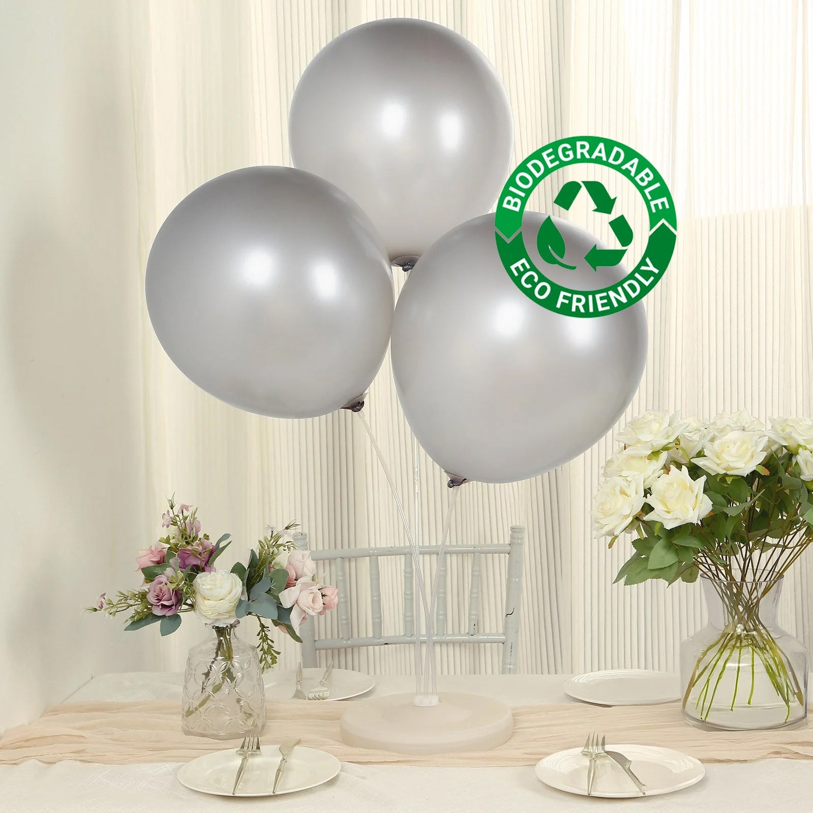 10 Pack Chrome Silver Biodegradable Latex Balloons 18", Thick Eco Friendly Metallic Party Balloons