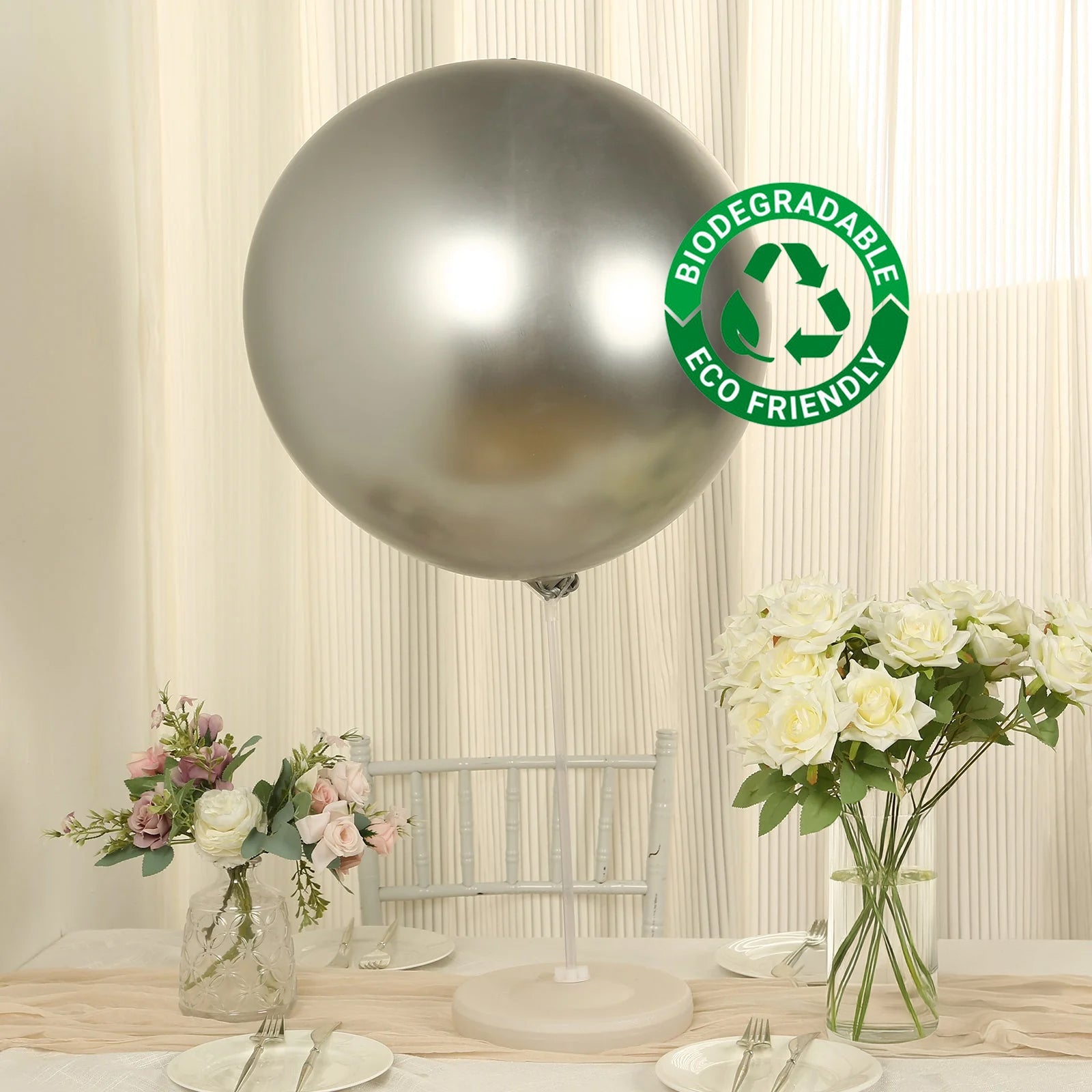 5 Pack Metallic Chrome Silver Biodegradable Balloons, 36" Large Round Eco-friendly Thickened Latex Party Balloons
